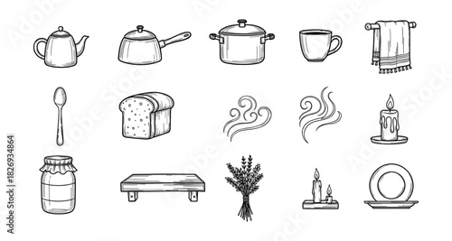 Hand-drawn kitchen and home essentials in vintage style