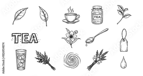 Hand drawn tea elements collection with leaves, flowers, and accessories