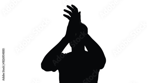 Figure applauding or cheering with hands raised above head black silhouette isolated celebration graphic