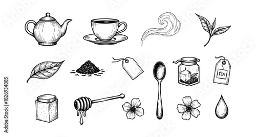 Hand drawn tea set with teapot, cup, leaves, and honey in vintage style