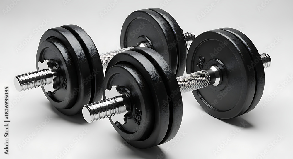 Naklejka premium Professional black dumbbells with chrome handles, ideal for strength training, muscle building, and effective fitness workouts, isolated on a clean white background
