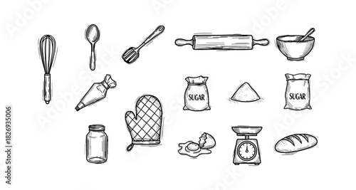 Hand drawn baking utensils and ingredients collection for kitchen enthusiasts