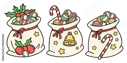 Three festive Christmas bags overflowing with candies, candy canes, and holiday decorations like holly and bells.
