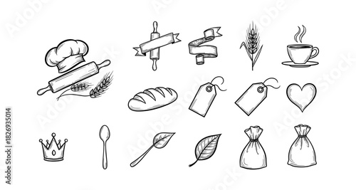 Hand drawn bakery and cooking elements with coffee and wheat