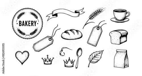 Hand drawn bakery elements with banners and labels for vintage design