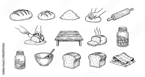 Hand-drawn bread making and baking set with ingredients and tools