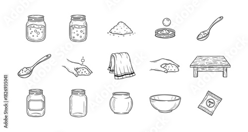 Hand drawn kitchen essentials set including jars, spices, utensils, and textiles