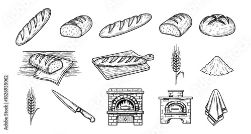 Hand-drawn artisan bread elements set with bakery icons and wheat