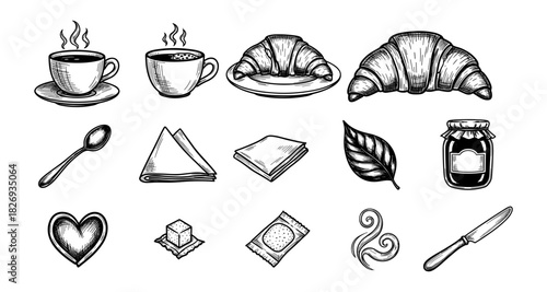 Elegant breakfast set with coffee, croissants, and condiments in vintage hand drawn style