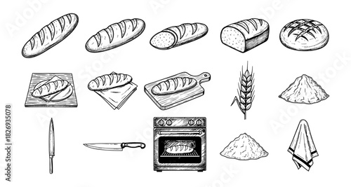 Artisanal bread: rustic loaves, baking tools, and wheat elements in detailed hand-drawn style