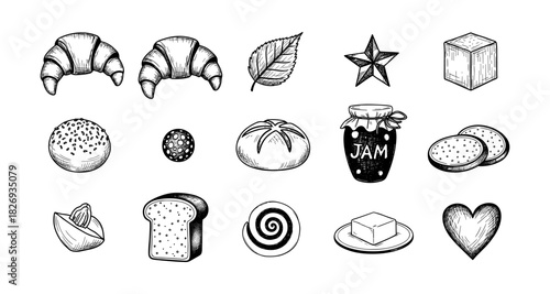 Hand-drawn food and kitchen items collection with vintage style elements