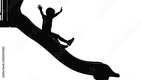 Happy child sliding down playground slide black silhouette isolated on white background