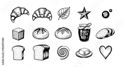 Hand drawn bakery and food sketches featuring bread, jam, and pastries