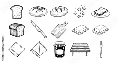 Hand drawn bread and breakfast items with butter, jam, and utensils