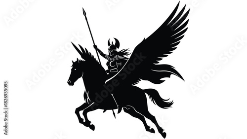 Powerful valkyrie with horned helmet riding winged horse pegasus holding spear, mythical warrior in action, fantasy illustration, dark silhouette, vector art, logo design, isolated on white background