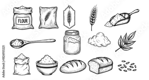 Hand drawn baking ingredients and bread collection featuring flour and wheat elements
