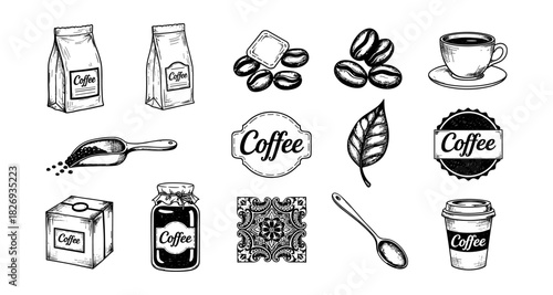 Hand-drawn coffee elements: beans, mugs, and accessories