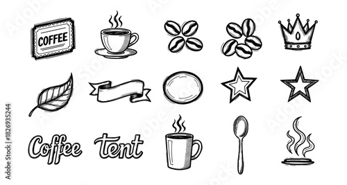 Vintage coffee elements: hand-drawn icons of cups, beans, and accessories