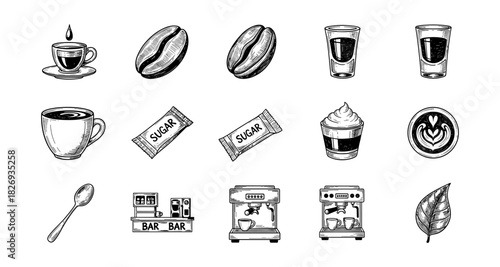 Hand drawn coffee icons: espresso, beans, mugs, machines, and more
