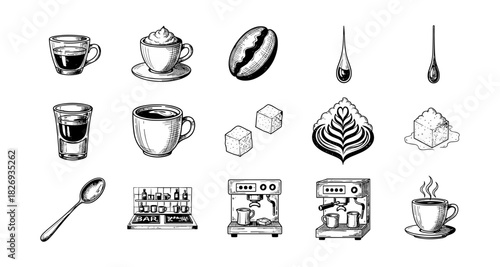 Vintage coffee elements collection featuring cups, espresso machines, sugar cubes, and coffee beans