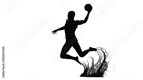 Silhouette of a male handball player jumping to throw a ball with dynamic liquid splash effects, black and white vector illustration, isolated on white background