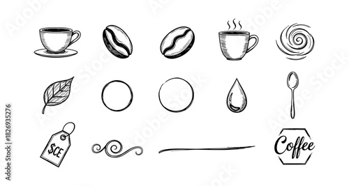 Hand drawn coffee cup and bean elements with swirls and icons