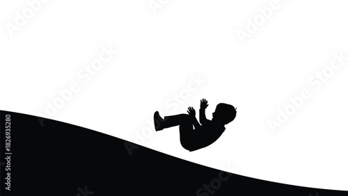 Silhouette of a young boy with short hair tumbling down a black hill, arms raised in the air, playful and carefree, simple black and white vector illustration, flat style, isolated on white background