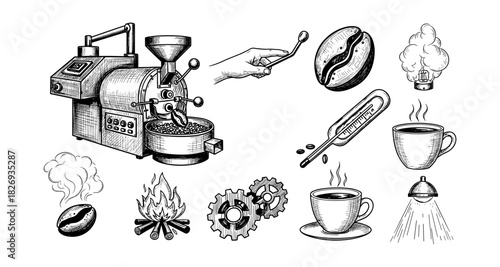 Vintage coffee elements: coffee roaster, beans, cups, and tools in hand drawn style
