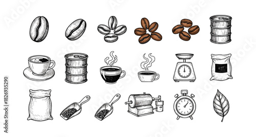 Hand drawn coffee elements: beans, cups, equipment, and leaves