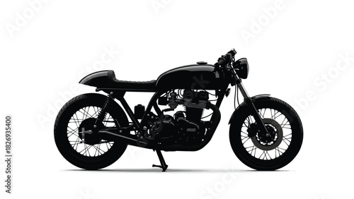 Sleek black cafe racer motorcycle with detailed engine and spoked wheels, parked on a clean surface, classic vehicle design, flat vector illustration, logo design, isolated on white background
