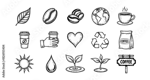 Hand-drawn coffee elements and nature symbols with eco-friendly themes
