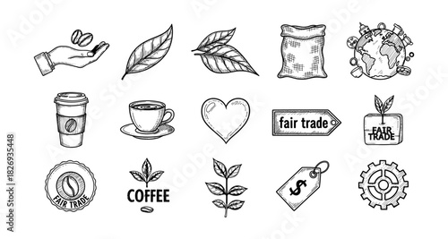 Hand drawn coffee and fair trade icons collection for eco-friendly designs