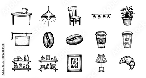 Rustic cafe elements collection: hand drawn vintage coffee shop decor with furniture and accessories