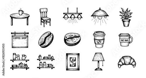 Rustic coffee shop essentials in hand-drawn sketch style with cozy decor elements