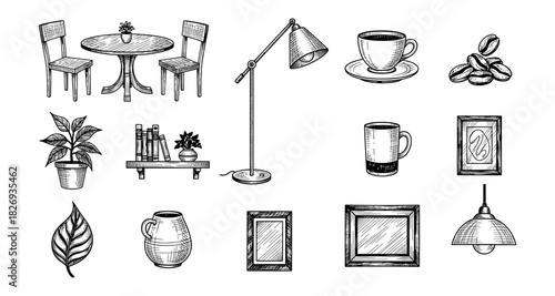 Hand drawn home decor and coffee elements in rustic style