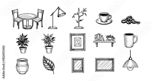 Hand drawn home and cafe elements with furniture, plants, and decorative items
