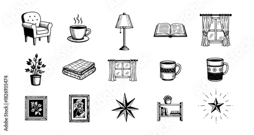 Cozy home essentials in vintage sketch style: furniture, decor, and more