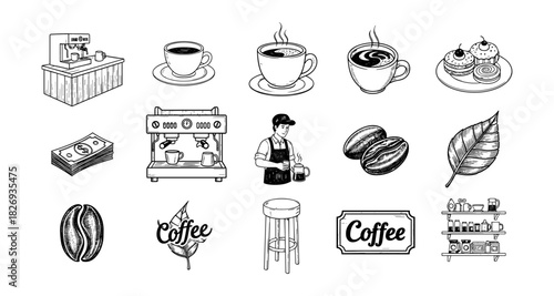 Hand drawn coffee shop icons set featuring barista, espresso machine, beans, and pastries