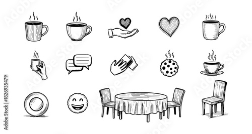 Hand-drawn coffee theme with table, chairs, and heart motifs