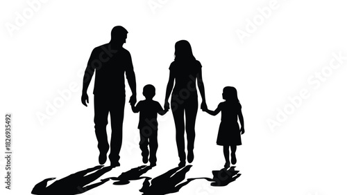 Happy family of four walking holding hands black silhouette isolated on white parenting concept