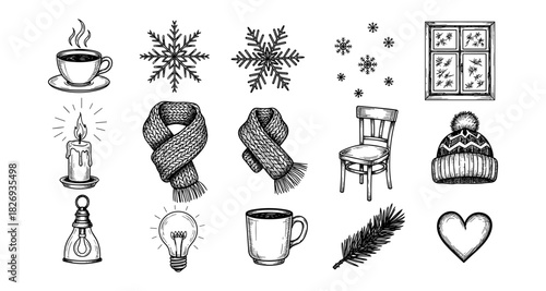 Cozy winter essentials hand drawn collection for seasonal designs