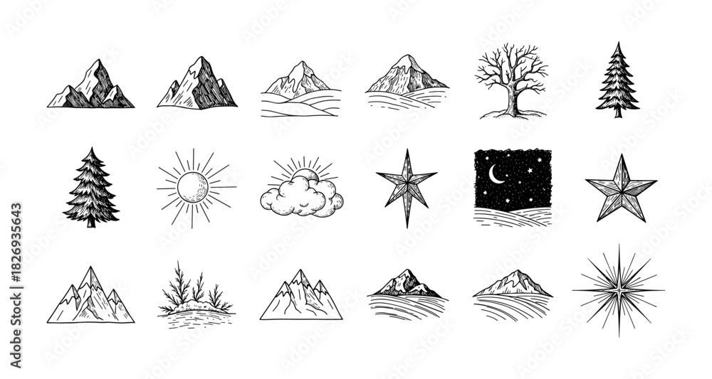 Fototapeta premium Hand drawn mountain and nature elements with celestial illustrations in ink style