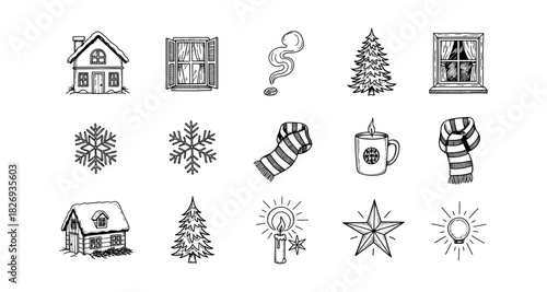 Hand drawn winter icons collection: cozy houses, snowflakes, scarves, and festive trees
