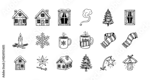 Hand drawn winter elements collection with cozy houses, trees, and festive decorations