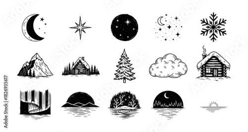 Rustic winter elements and nature in black and white sketch style