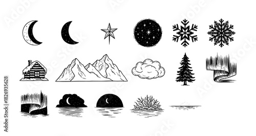 Black and white winter elements with stars, snowflakes, and mountains