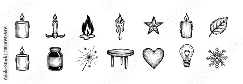Hand drawn vintage holiday elements collection featuring candles and seasonal symbols