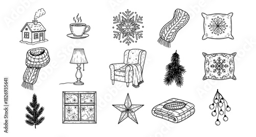Cozy winter elements collection featuring hand-drawn decor and warm accessories