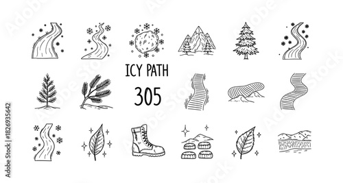 Winter doodle set: icy paths, snowflakes, boots, and trees