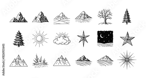 Hand drawn mountain and nature elements with celestial illustrations in ink style